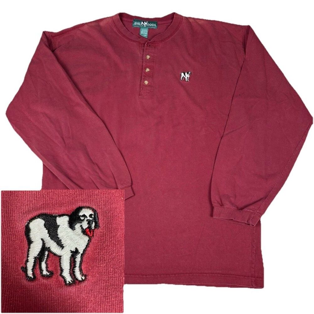Vintage Big Dogs Henley Shirt XL Y2K Red‎ Long Sleeve Embroidered Logo Tee